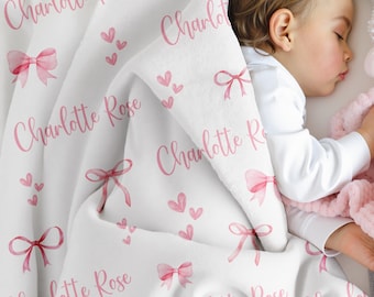 Personalized Pink Bow Blanket, Custom Velveteen Throw with Name, Cozy Nursery Decor, Baby Shower Gift, Plush Blanket for Girls