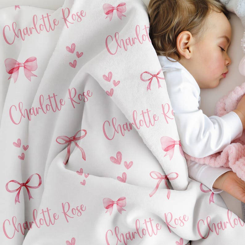 Personalized Pink Bow Blanket, Custom Velveteen Throw with Name, Cozy Nursery Decor, Baby Shower Gift, Plush Blanket for Girls image 1