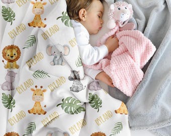 Safari Velveteen Personalized Baby Blanket, Soft Custom Name Jungle Animal Nursery Blanket, Neutral Safari Baby Shower Gift