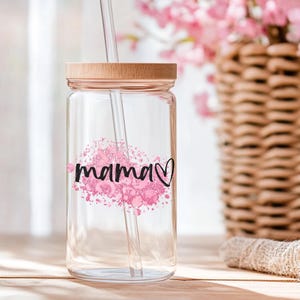 Mama Sipper Glass,16oz Tempered Glass Drinkware with Bamboo Lid and straw