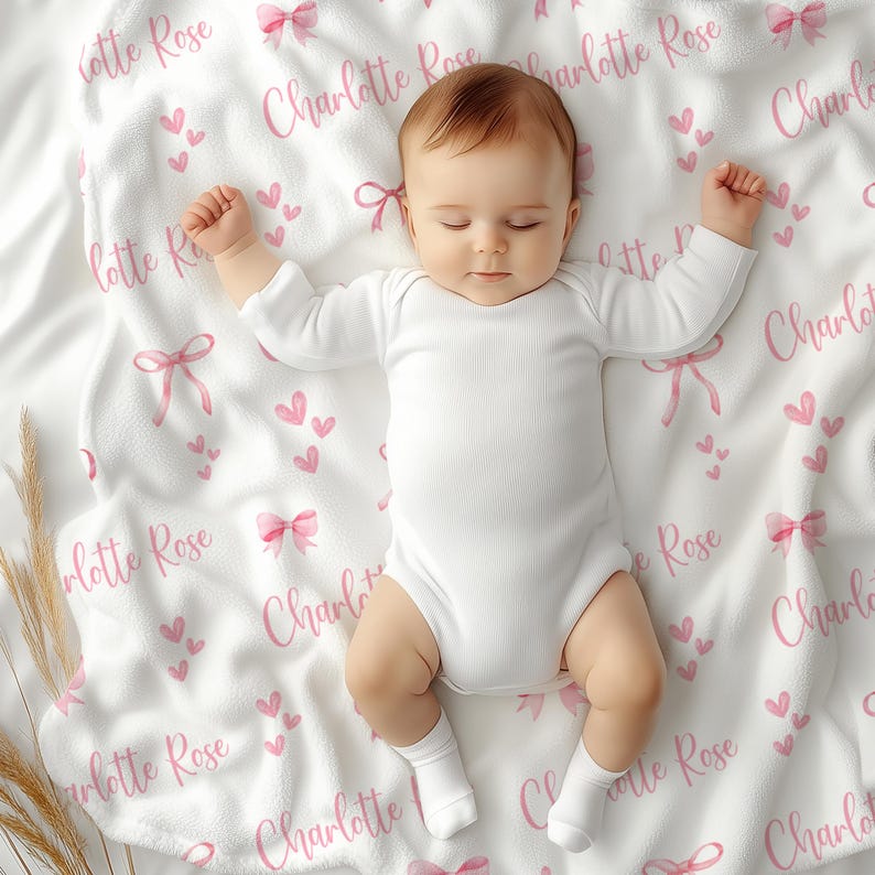 Personalized Pink Bow Blanket, Custom Velveteen Throw with Name, Cozy Nursery Decor, Baby Shower Gift, Plush Blanket for Girls image 4