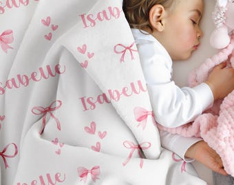 Personalized Pink Bow Blanket, Custom Name Swaddle, Monogrammed Infant Newborn Hospital Throw, Coquette Girl Nursery Decor, Baby Shower Gift