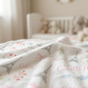 Personalized Paris Baby Blanket | Eiffel Tower Nursery Gift | Custom Name Floral Bow Blanket image 5