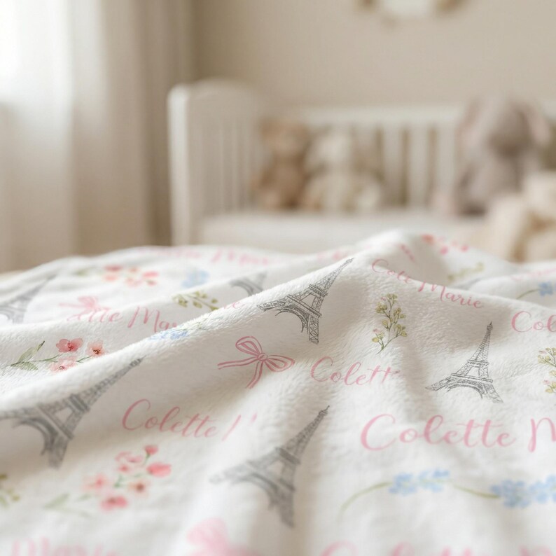 Personalized Paris Baby Blanket | Eiffel Tower Nursery Gift | Custom Name Floral Bow Blanket image 5