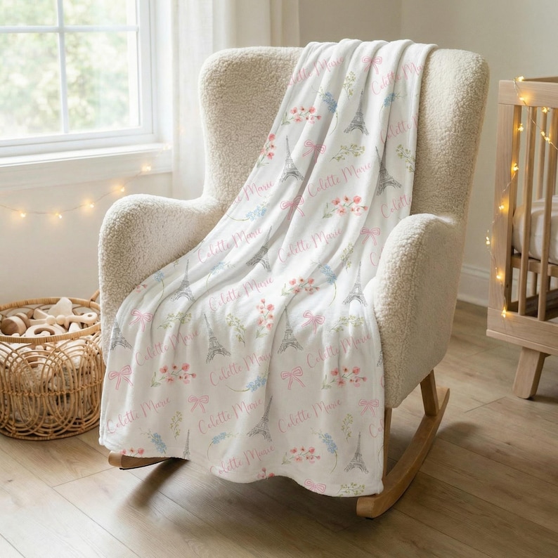 Personalized Paris Baby Blanket | Eiffel Tower Nursery Gift | Custom Name Floral Bow Blanket image 3