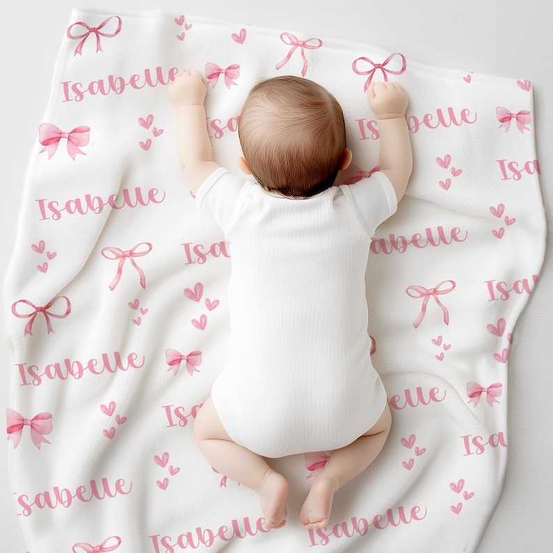 Personalized Pink Bow Blanket, Custom Velveteen Throw with Name, Cozy Nursery Decor, Baby Shower Gift, Plush Blanket for Girls image 6