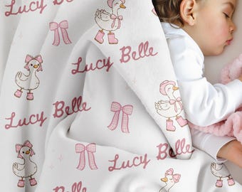 Personalized Goose Baby Blanket, Custom Name Swaddle, Baby Goose Pink Bow Blanket, Cottagecore Nursery Decor, Baby Shower Gift for Girl