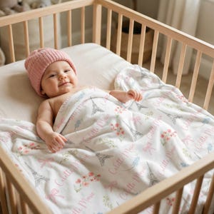 Personalized Paris Baby Blanket | Eiffel Tower Nursery Gift | Custom Name Floral Bow Blanket image 4