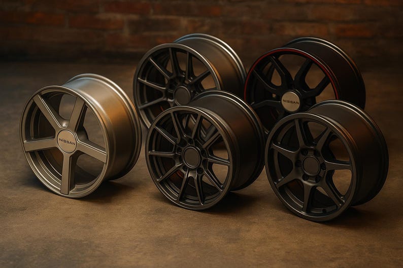 May include: A collection of alloy wheels in various designs and finishes. The wheels are in shades of silver, gray, and black, with different spoke patterns. Some wheels have a red accent. The Nissan logo is visible on some wheels.