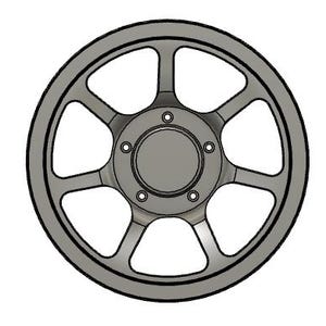 May include: A gray, stylized wheel with a circular design. The wheel features six open sections and a central hub with bolt holes. The outer rim and spokes are outlined in black, creating a three-dimensional effect.