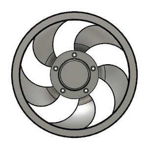May include: A gray fan blade assembly with five curved blades and a central hub. The blades are set within a circular frame. The design is a 3D rendering, with a focus on the mechanical details of the fan.