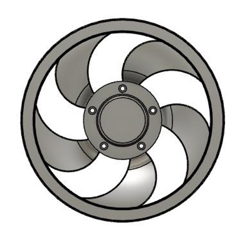 May include: A gray fan blade assembly with five curved blades and a central hub. The blades are set within a circular frame. The design is a 3D rendering, with a focus on the mechanical details of the fan.