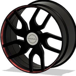 May include: Black alloy wheel with a red accent stripe. The wheel has a multi-spoke design and a center cap with the "NISSAN" logo in silver. The wheel is designed for a vehicle.