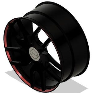 May include: Black alloy wheel with a red accent on the rim. The wheel has a multi-spoke design and a silver center cap with the Nissan logo. The wheel is angled, showing its depth and design.