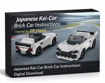 May include: A black box featuring two white brick car models with black wheels. The box reads "Japanese Kei-Car Brick Car Instructions" and "Inspired by GR Copen". The text "Digital Download" is also visible.