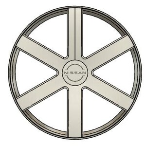 May include: A silver-colored car wheel with a six-spoke design. The wheel has a circular center with the "NISSAN" logo. The outer rim is a darker shade of silver, creating a contrast.