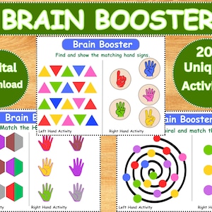 Puede incluir: Un conjunto de descarga digital titulado Brain Booster con 20 actividades únicas. Las páginas muestran formas geométricas coloridas, ejercicios de emparejamiento de signos manuales y tareas de combinación de colores en espiral con etiquetas.