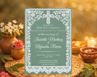 May include: A wedding invitation with a teal background and white lace-like border. The invitation includes the names Isabella Martinez & Alejandro Rivera, the date, time, and location: Casa Bella Event Hall in Tucson, Arizona.