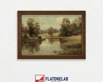 Arte de parede imprimível com margem de rio tranquila, pintura de paisagem serena de rio no campo, decoração vintage da natureza, download digital.