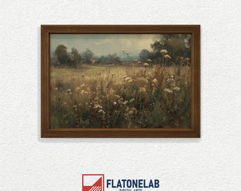Countryside Wildflower Bloom Printable Wall Art, Vintage Meadow Landscape Painting, Rustic Nature Decor, Digital Download