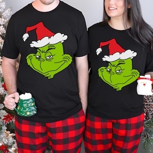Grinch Face Christmas Cotton T-Shirt, Simple Santa Hat Tee