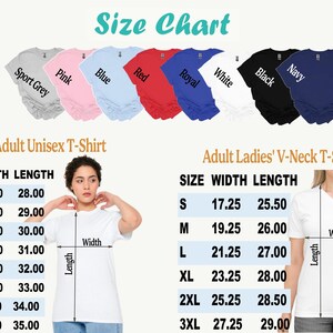 May include: Size chart for Gildan Adult Unisex T-shirts and Adult Ladies' V-neck T-shirts. Includes size, width, and length measurements in inches for sizes S through 5XL. Shirts are shown in various colors, including sport grey, pink, blue, red, royal, white, black, and navy.