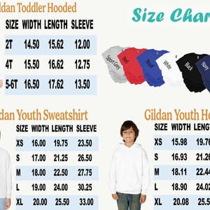 May include: Size chart for Gildan toddler and youth apparel, including hooded sweatshirts and crewneck sweatshirts. Measurements are in inches for width, length, and sleeve length. Available colors include sport grey, red, royal blue, white, black, and navy.