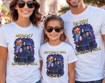 Camisetas familiares personalizadas de Descendientes para el sexto cumpleaños: Mal, Evie, mamá, papá y cumpleañera.