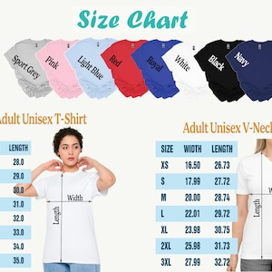 May include: A size chart for Gildan Adult Unisex T-shirts and V-neck shirts. The chart displays measurements in inches for sizes XS to 5XL, along with a color palette of available shirt colors, including Sport Grey, Pink, Light Blue, Red, Royal, White, Black, and Navy.