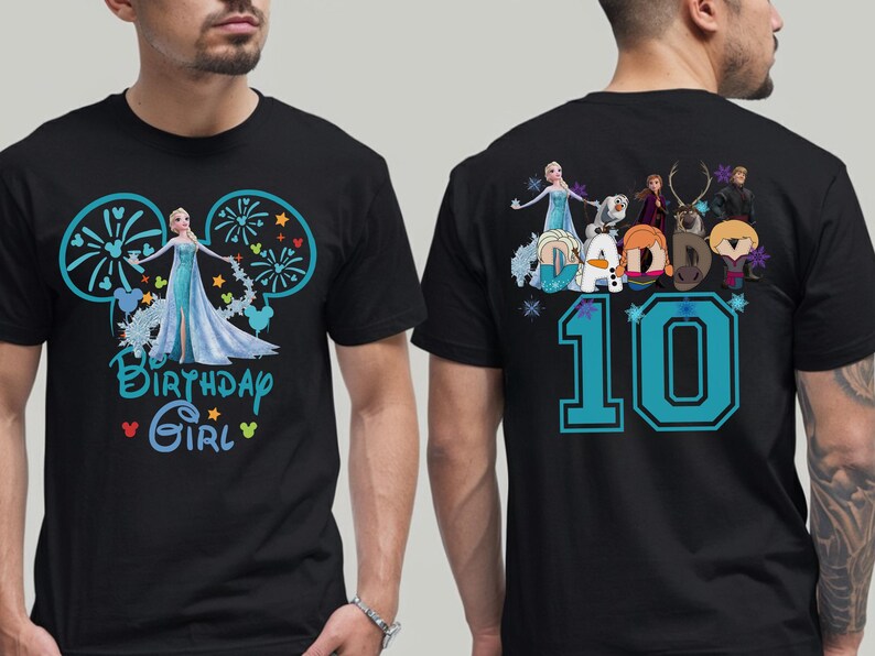 Puede incluir: Camiseta negra con un dise&ntilde;o de Frozen. La parte delantera muestra a Elsa y la frase "Birthday Girl". La parte trasera tiene el n&uacute;mero 10 y otros personajes de la pel&iacute;cula. Los gr&aacute;ficos son en azul, blanco y turquesa.