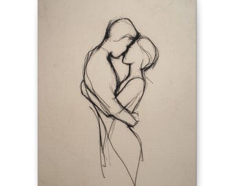 Paar Umarmung Linie Zeichnung Leinwand Kunst: Minimalistisches romantisches Dekor