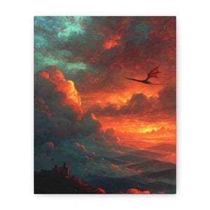 Leinwanddruck Drache Sonnenuntergang: Fantasy Berg Burg Poster