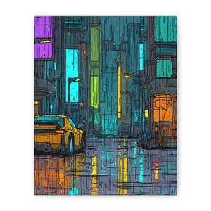 Cyberpunk City Canvas Art: Neon Car, Retro-Futurism Gamer Decor