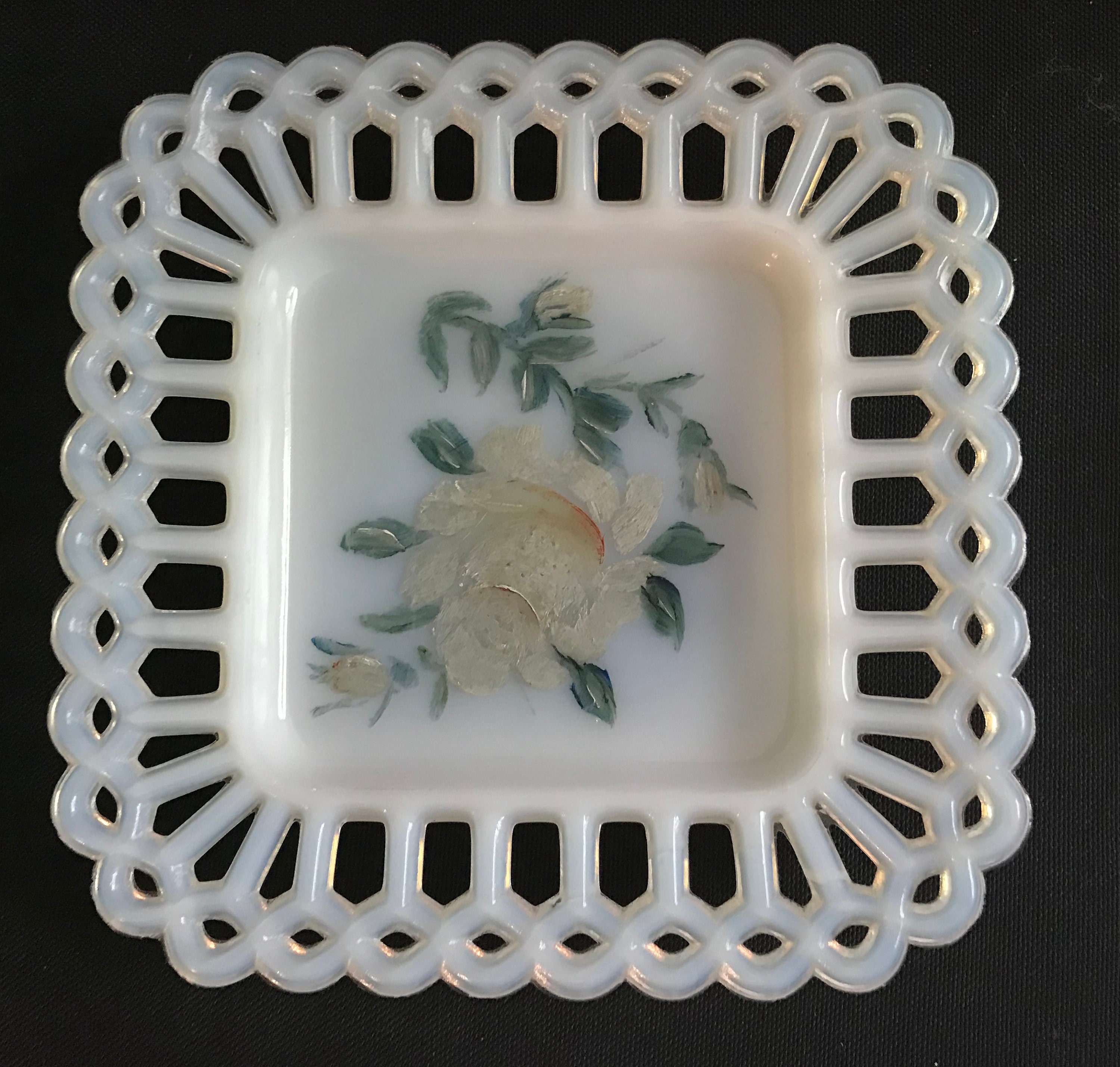 Square Milk Glass Plate Handpainted Etsy