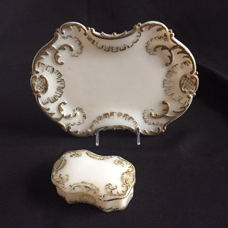 Victorian Milk Glass Dresser Set Tray And Box