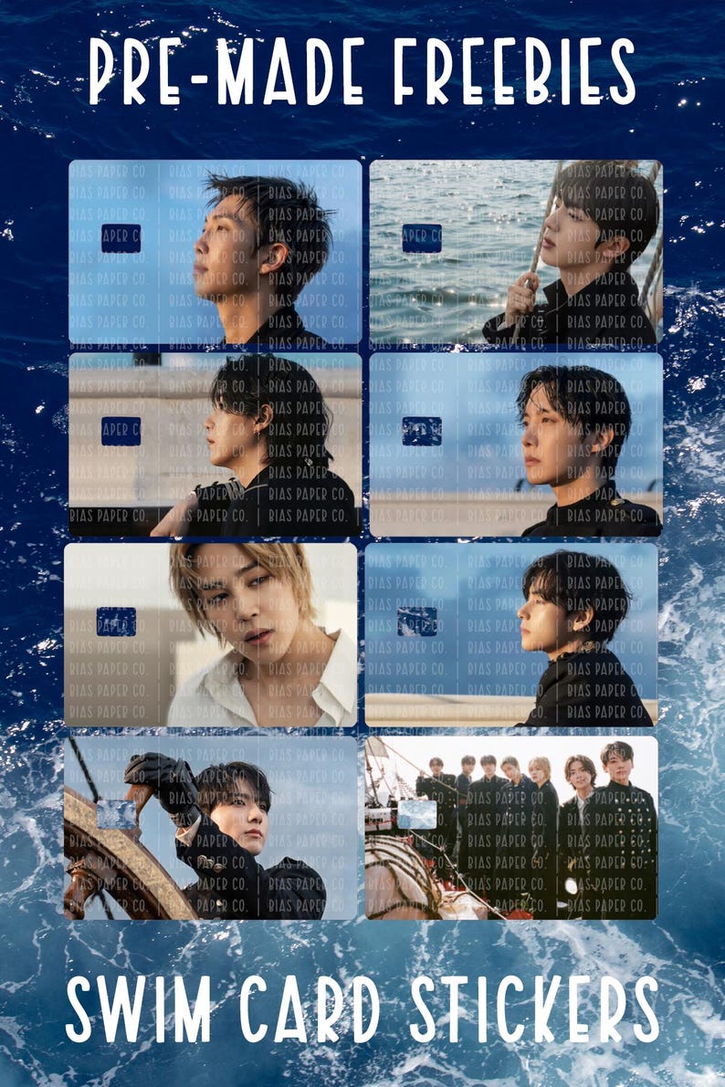 May include: A collection of eight rectangular stickers featuring individual and group portraits of seven men against a nautical backdrop. The text PRE-MADE FREEBIES appears at the top and SWIM CARD STICKERS at the bottom, with a repeating watermark.