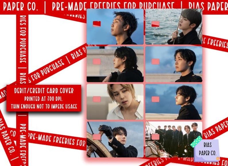 May include: A collection of seven rectangular debit or credit card covers featuring portraits of seven individuals. The text reads PAPER CO. PRE-MADE FREEBIES FOR PURCHASE, BIAS PAPER CO., and DEBIT/CREDIT CARD COVER PRINTED AT 300 DPI, THIN ENOUGH NOT TO IMPEDE USAGE.