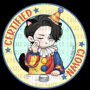 May include: A circular sticker with a cartoon clown character wearing a party hat and a colorful clown suit. The sticker has text that reads "CERTIFIED CLOWN" and "BIAS PAPER CO."