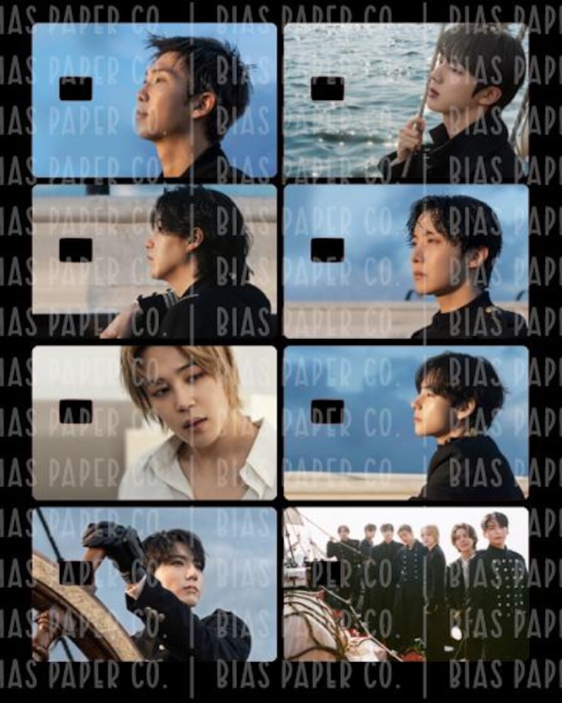 May include: A rectangular sheet featuring eight distinct photographic panels of seven individuals in various poses, including close-up portraits and a group shot on a ship deck. The text BIAS PAPER CO. is overlaid repeatedly across the entire image.