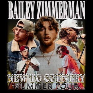 May include: A graphic design featuring multiple images of Bailey Zimmerman, with the text "BAILEY ZIMMERMAN" at the top. The text "NEW TO COUNTRY SUMMER TOUR" is at the bottom. The background is black.