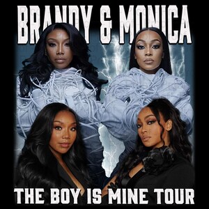 May include: A promotional image for the "Brandy & Monica: The Boy Is Mine Tour" featuring two pairs of women. The top text reads "Brandy & Monica" in white block letters, and the bottom text reads "The Boy Is Mine Tour". The background is black with lightning bolts.