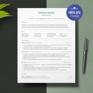 May include: A resume template with the name "Gemma Wang" at the top. The resume is on a white background with a green border. A blue circle with the text "100% ATS Friendly" is in the upper right corner. A pen is on the right.