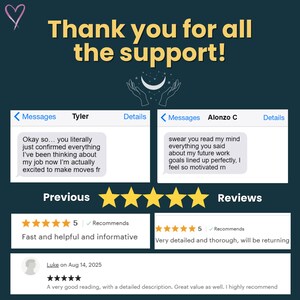 May include: A teal graphic with the text "Thank you for all the support!" and customer reviews. The reviews are five stars and mention helpful and informative readings. The image includes a heart and hands with a crescent moon.