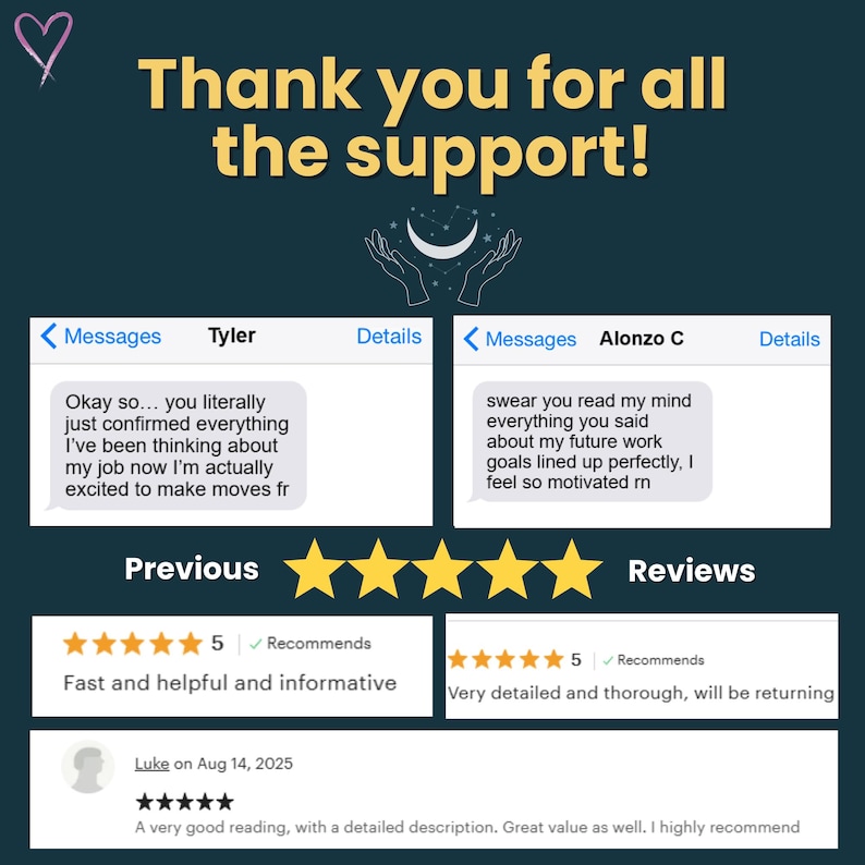 May include: A teal graphic with the text "Thank you for all the support!" and customer reviews. The reviews are five stars and mention helpful and informative readings. The image includes a heart and hands with a crescent moon.