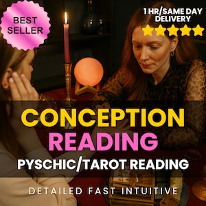 May include: An image promoting a psychic or tarot reading service. The text reads "CONCEPTION READING" and "PSYCHIC/TAROT READING". A woman is seated at a table with a candle, a glowing orb, and a deck of cards. The image includes a "BEST SELLER" badge.