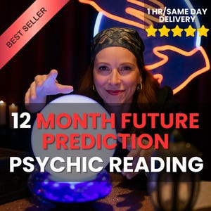 Könnte beinhalten: Ein Bild, das eine Wahrsage-Dienstleistung bewirbt. Eine Frau mit Kopftuch und goldenen Creolen blickt auf eine leuchtende Kristallkugel. Der Text lautet "12 Monate Zukunftsvorhersage Hellseherische Lesung" mit einem "Bestseller"-Banner und einem "1 Std./Same Day Delivery"-Abzeichen.