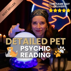 Pode incluir: Uma mulher sorrindo com um lenço e brincos de ouro estende a mão para uma bola de cristal brilhante. A imagem inclui o texto "DETAILED PET PSYCHIC READING" e "BEST SELLER". Uma placa de néon e pegadas também são visíveis.