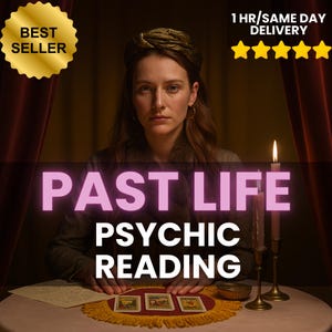 May include: Image featuring a woman with long hair, seated at a table with tarot cards. The text "PAST LIFE PSYCHIC READING" is prominently displayed. A lit candle and the words "BEST SELLER" and "1 HR/SAME DAY DELIVERY" are also visible.