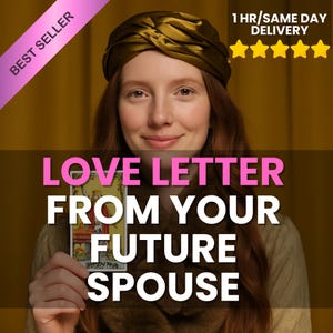 May include: A woman with red hair and a gold head wrap holds a tarot card. The image has text that reads "LOVE LETTER FROM YOUR FUTURE SPOUSE". A pink banner says "BEST SELLER".