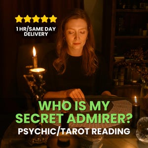 May include: A woman with long auburn hair sits at a table with tarot cards, lit by candlelight. The text reads "WHO IS MY SECRET ADMIRER? PSYCHIC/TAROT READING" with a five-star rating and "1 HR/SAME DAY DELIVERY". The scene is dimly lit, creating a mystical atmosphere.